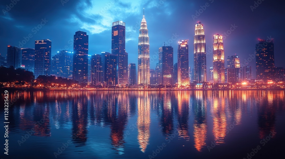 Fototapeta premium Night cityscape skyline reflected in calm water.