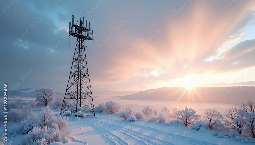Communication tower in snowy landscape during sunrise with sun rays Communication tower in snowy landscape during sunrise with sun rays