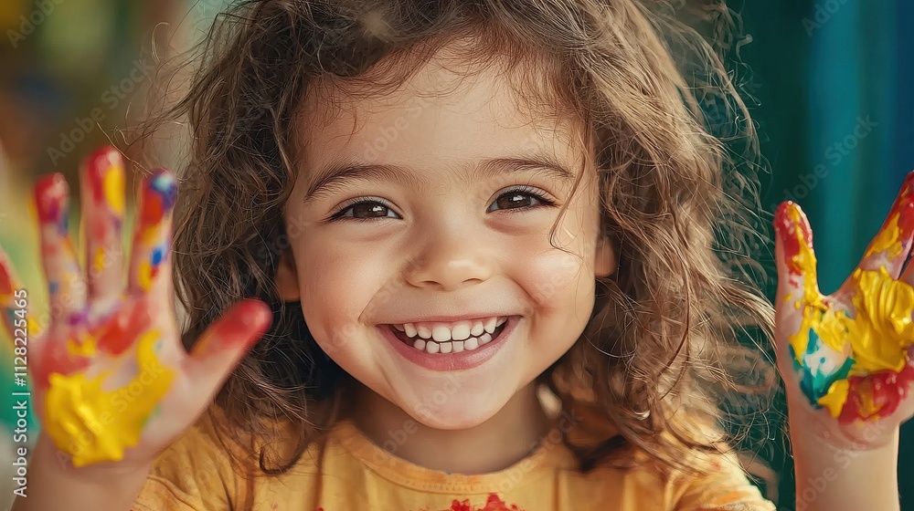 Joyful smile of a child with special needs engaging with art at home close-up portrait in colorful environment celebrating creativity Joyful smile of a child with special needs engaging with art at home close-up portrait in colorful environment celebrating creativity