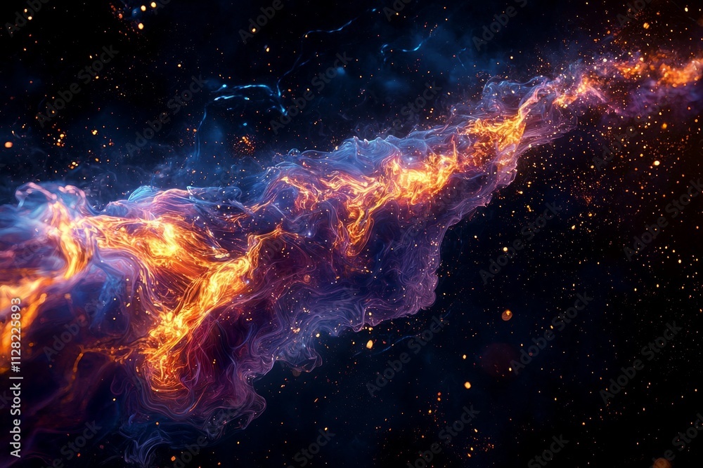 Fototapeta premium A firecracker roll mid-explosion, with vibrant sparks and trails of smoke against a dark night sky. 