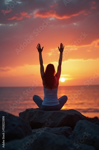 Woman embracing sunset on rocks, spiritual awakening