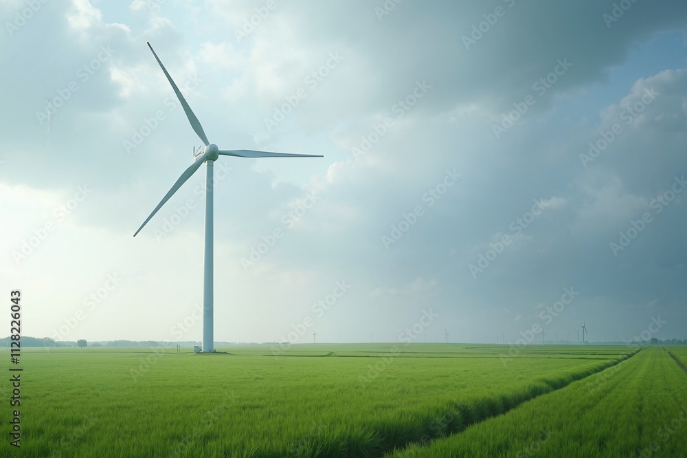 Wind turbine in green field, clean energy landscape Wind turbine in green field, clean energy landscape