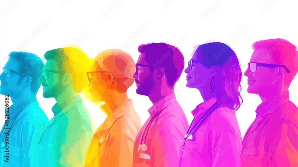 Diverse Group of Medical Professionals in Profile Silhouette with Colorful Overlay Design Representing Unity and Collaboration in Healthcare Sector Diverse Group of Medical Professionals in Profile Silhouette with Colorful Overlay Design Representing Unity and Collaboration in Healthcare Sector