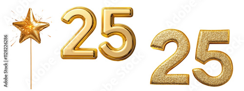 PNG set of golden number 25 with glitter and star decoration photo