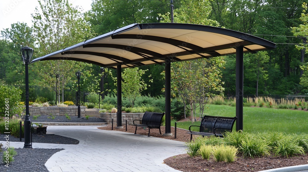 Shaded Outdoor Canopy Shelter in Lush Green Park Setting Shaded Outdoor Canopy Shelter in Lush Green Park Setting