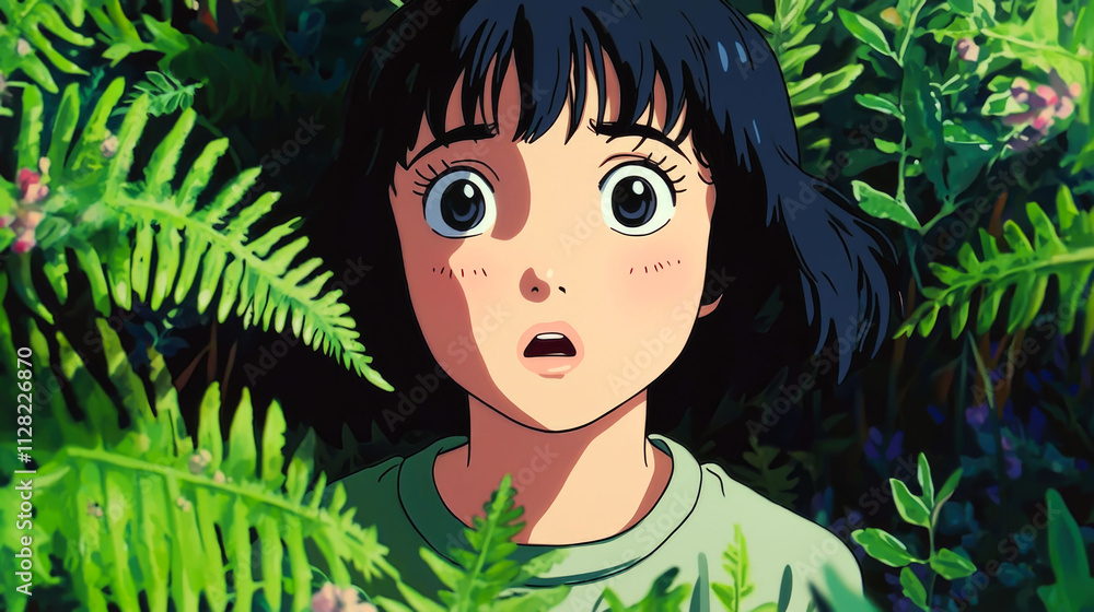 Anime girl surrounded by lush greenery. Anime girl surrounded by lush greenery.