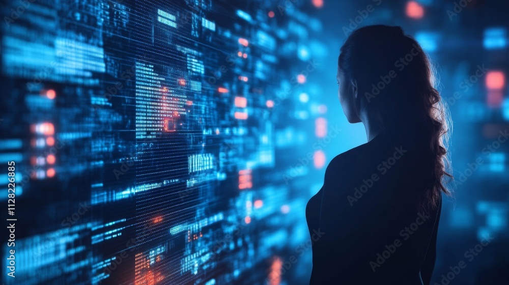 Woman Observing Data Streams A Digital Wall Woman Observing Data Streams A Digital Wall