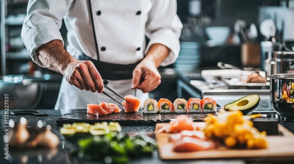 Professional Chef Crafting Sushi Rolls in Modern Kitchen with Fresh Ingredients and Vibrant Colors Professional Chef Crafting Sushi Rolls in Modern Kitchen with Fresh Ingredients and Vibrant Colors