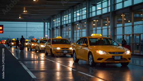 Row of yellow taxis waiting at an airport terminal, bustling and convenient, copy space
