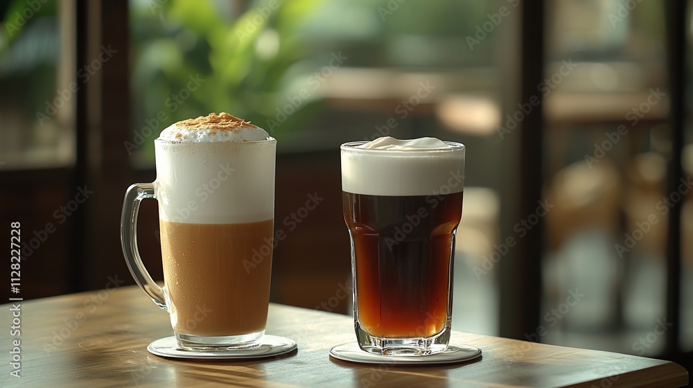 Two iced coffee drinks on wooden table. Two iced coffee drinks on wooden table.