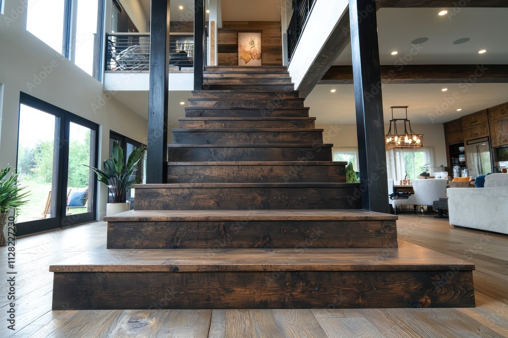 Bold floating staircase with thick dark wood steps and black metal railing, leading up.