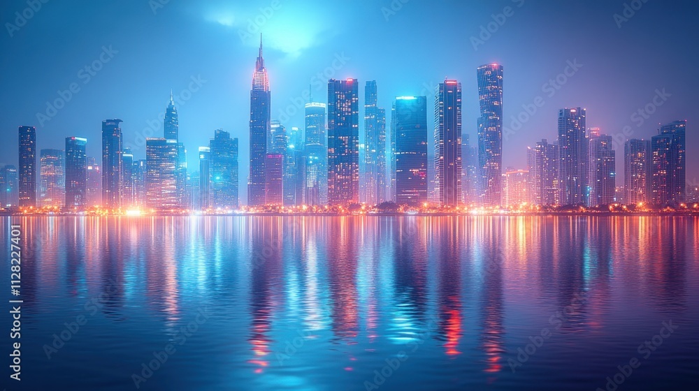 Vibrant cityscape skyline reflecting on calm water at twilight. Vibrant cityscape skyline reflecting on calm water at twilight.