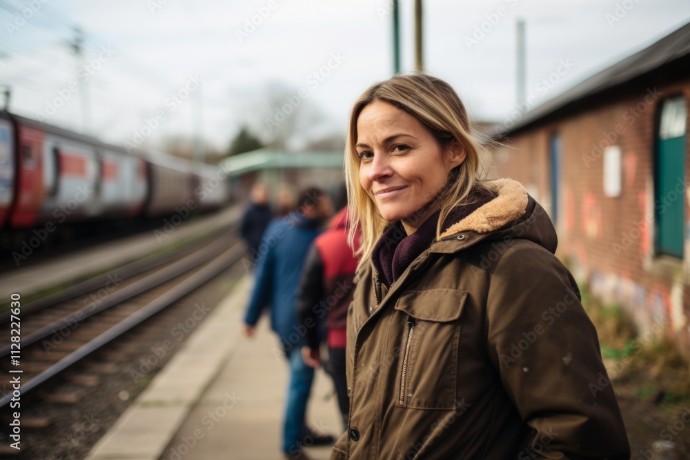 Portrait of a beautiful woman with train in the background at the station Portrait of a beautiful woman with train in the background at the station