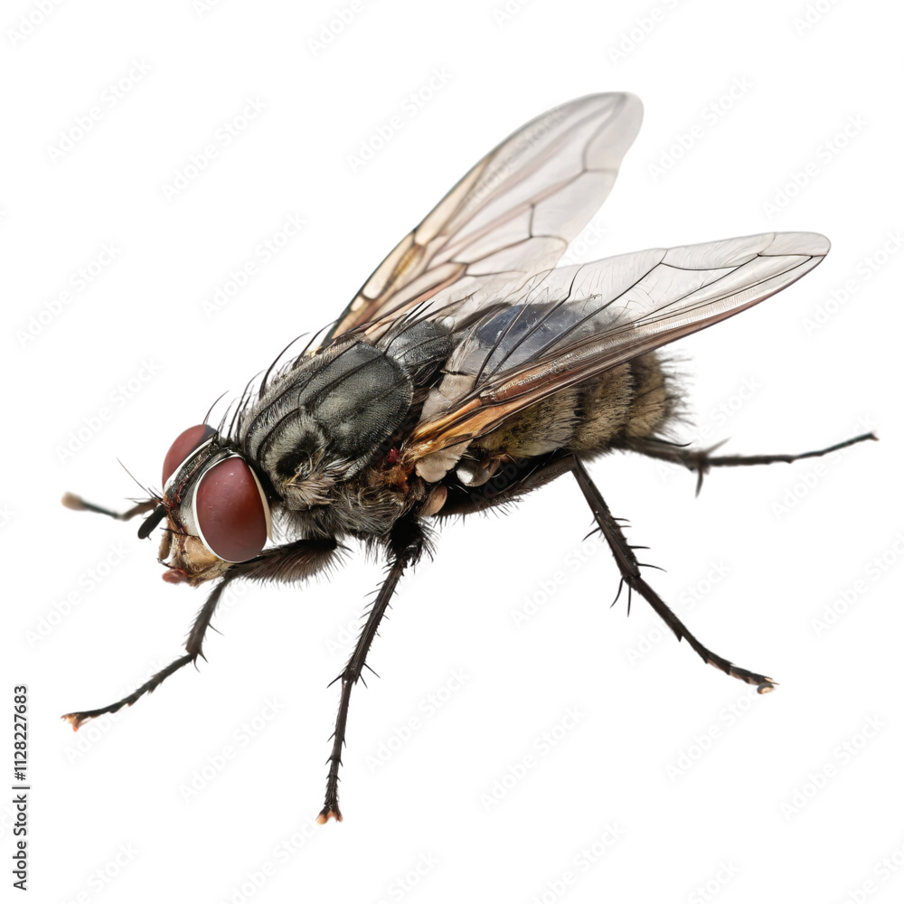 Detailed macro view of a common housefly, highlighting its translucent wings, compound eyes, and bristly body. Intricate textures showcase nature’s complexity, set against a transparent background Detailed macro view of a common housefly, highlighting its translucent wings, compound eyes, and bristly body. Intricate textures showcase nature’s complexity, set against a transparent background