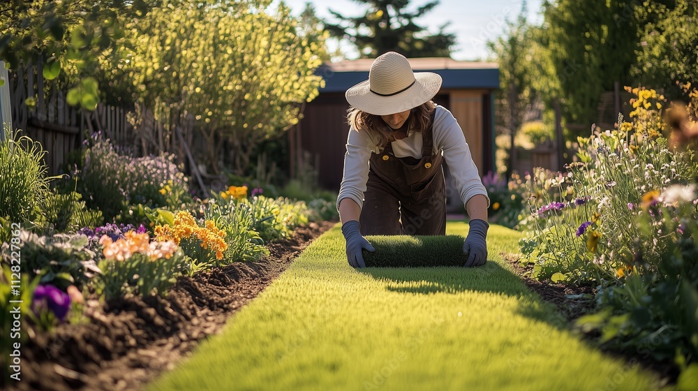 A gardener lays fresh sod amid vibrant flowers and hedges, showcasing their passion for outdoor beauty.