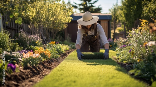 Obraz na płótnie A gardener lays fresh sod amid vibrant flowers and hedges, showcasing their passion for outdoor beauty. w salonie