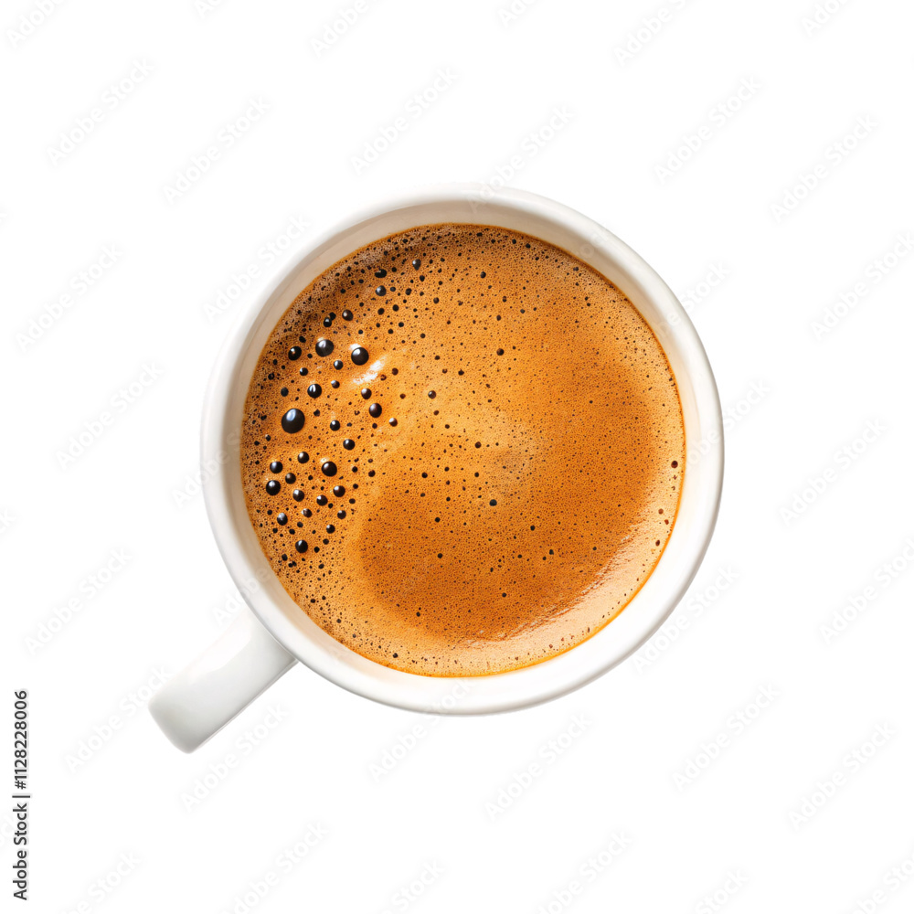 Top-down view of a white cup filled with creamy, golden-brown coffee, its surface decorated with delicate bubbles and froth, set against a transparent background Top-down view of a white cup filled with creamy, golden-brown coffee, its surface decorated with delicate bubbles and froth, set against a transparent background