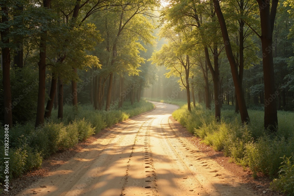 Naklejka premium Sunlit forest path in golden hour, tranquil nature journey