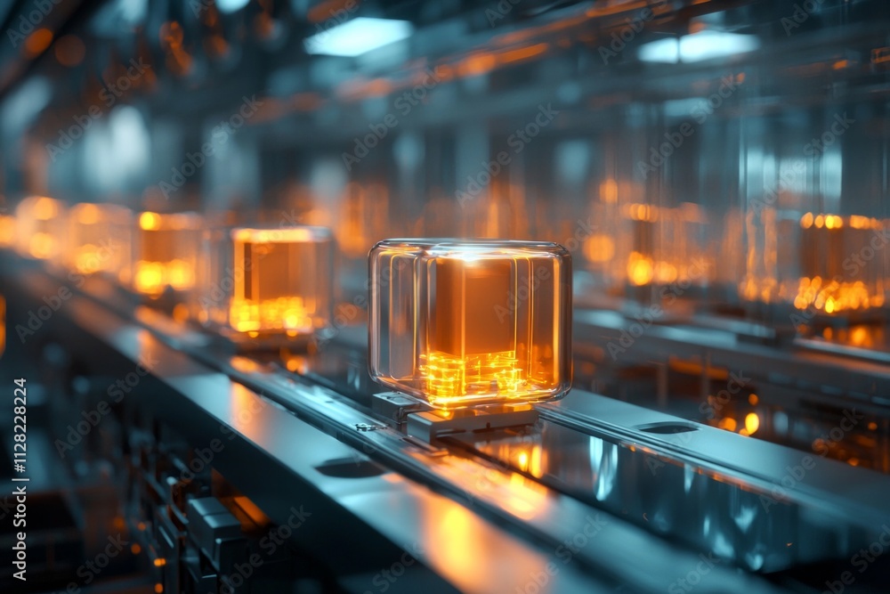 A futuristic assembly line with transparent boxes glowing softly A futuristic assembly line with transparent boxes glowing softly