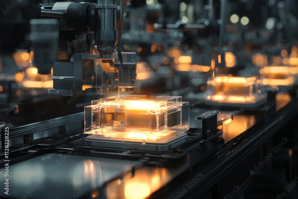 A futuristic assembly line with transparent boxes glowing softly A futuristic assembly line with transparent boxes glowing softly