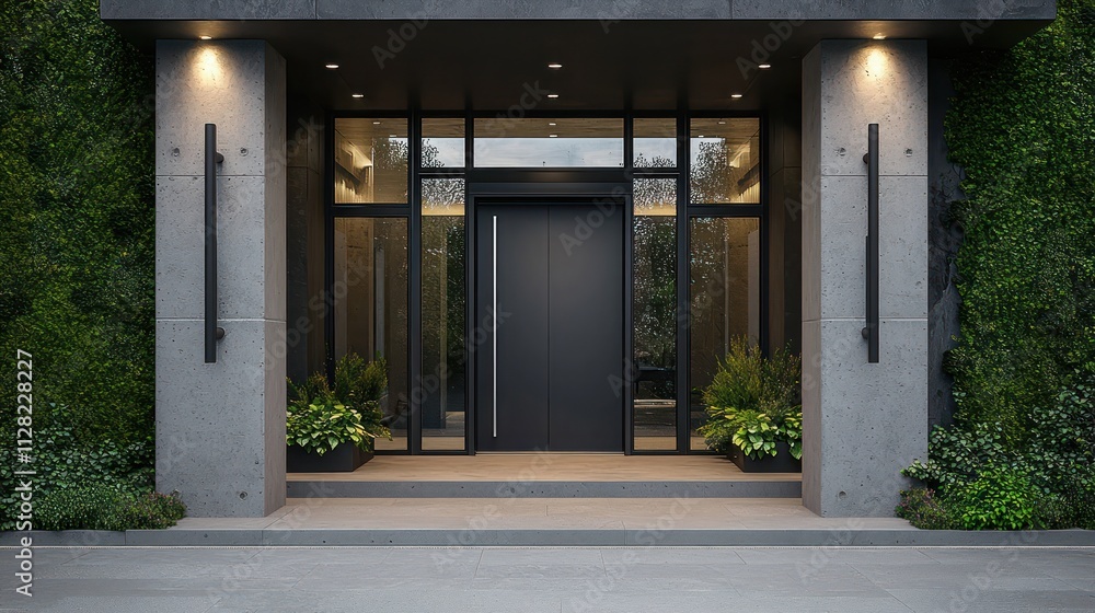 Contemporary grey door with glass panels, framed by modern concrete and abundant greenery.