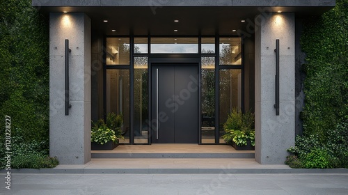 Obraz na płótnie Contemporary grey door with glass panels, framed by modern concrete and abundant greenery. w salonie