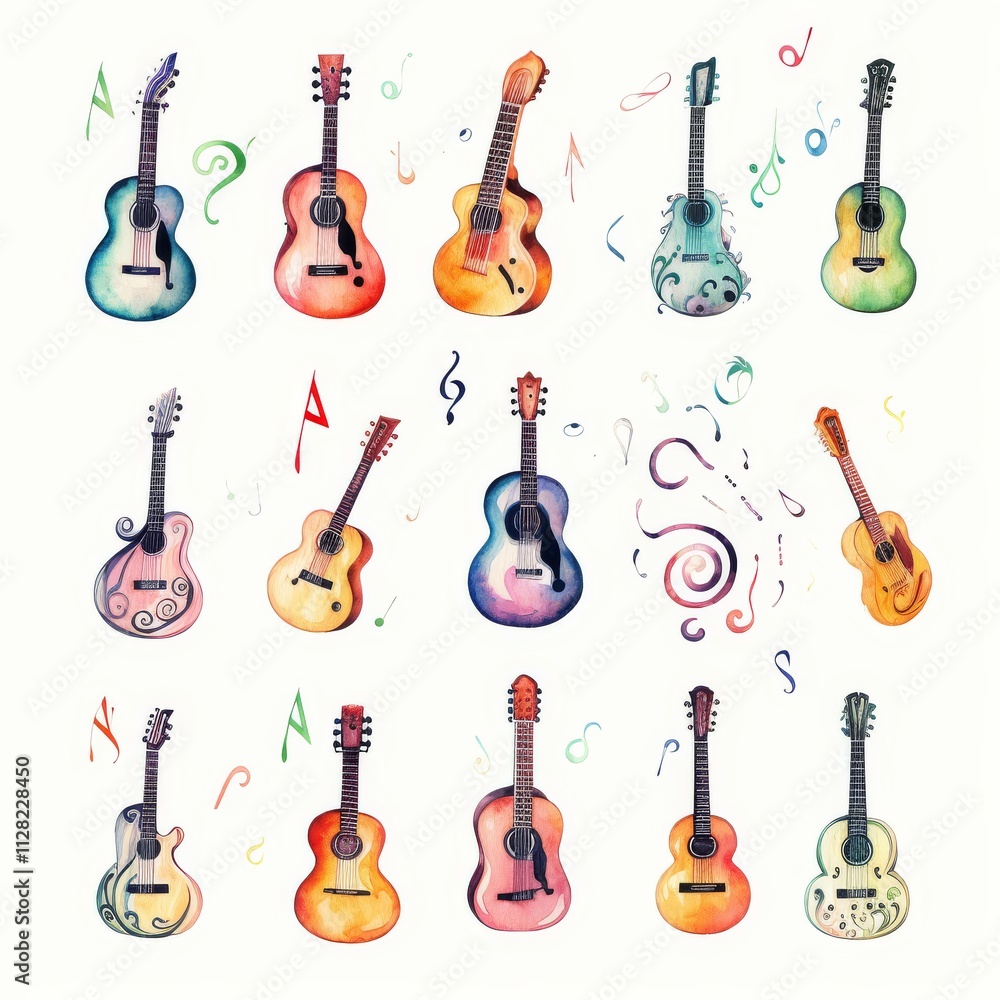 Naklejka premium A vibrant collage of colorful guitars surrounded by musical notes, showcasing a variety of styles and designs, celebrating the art of music.