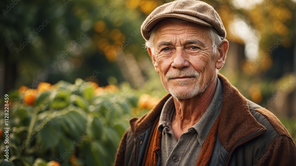 Elderly man smiles in a lush garden during autumn daylight hours Elderly man smiles in a lush garden during autumn daylight hours