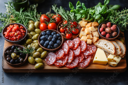 Mediterrane Platte mit Käse, Oliven und frischen Kräutern photo