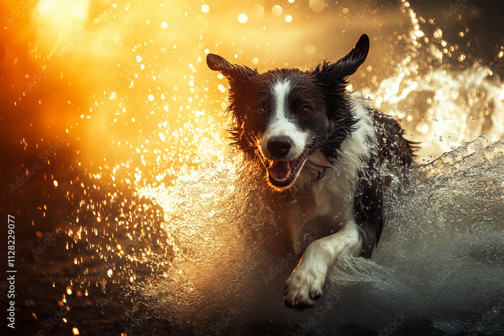 dog is running through the water, splashing and enjoying itself. The scene is lively and playful, with the dog's energy and enthusiasm shining through dog is running through the water, splashing and enjoying itself. The scene is lively and playful, with the dog's energy and enthusiasm shining through