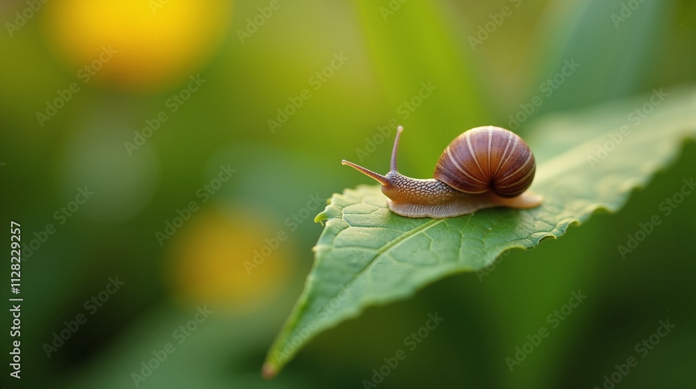 Snail crawling on green leaf, nature's slow beauty Snail crawling on green leaf, nature's slow beauty