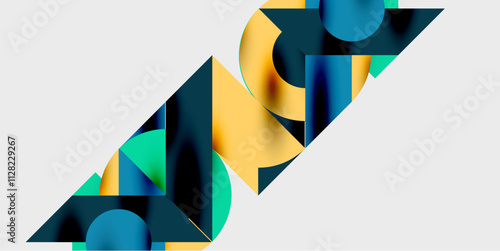 Detailed composition of circles, semicircles, and triangles with glossy effects and smooth gradients. A sleek and modern vector design for creative and tech-inspired projects