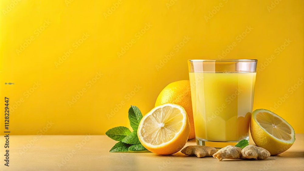 Fototapeta premium Vegan immunity boost! Minimalist photo of radiant ginger lemon juice.