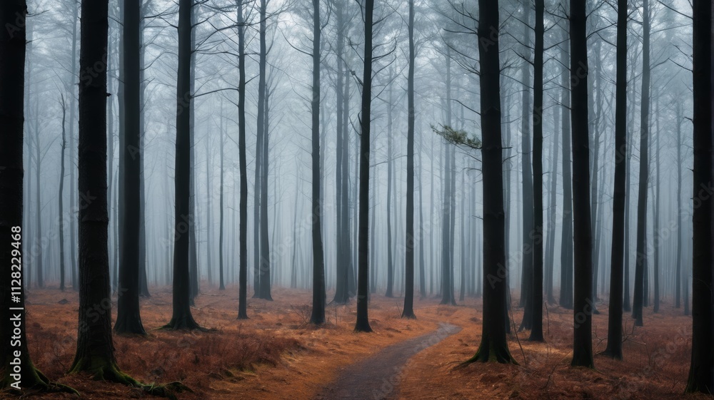 Naklejka premium a path through a forest filled with tall trees