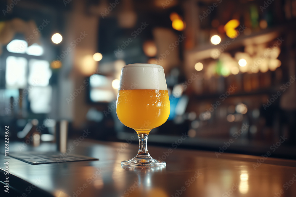 glass of beer is sitting on a bar counter. The glass is half full and the beer is foamy. The bar is dimly lit, creating a cozy atmosphere glass of beer is sitting on a bar counter. The glass is half full and the beer is foamy. The bar is dimly lit, creating a cozy atmosphere