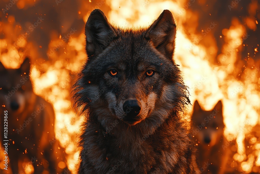 Animals Hiding in a Forest as a Wildfire Approaches with Fiery Atmosphere Animals Hiding in a Forest as a Wildfire Approaches with Fiery Atmosphere
