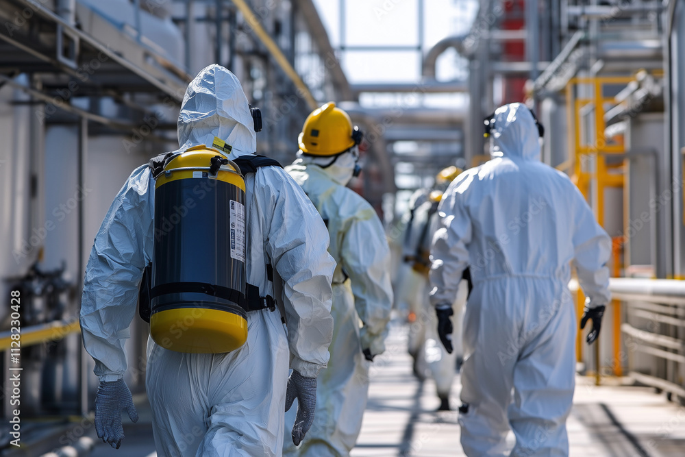 group of workers in hazmat suits are walking through a factory. The workers are wearing white suits and backpacks, and the factory is filled with smoke. Scene is tense and serious group of workers in hazmat suits are walking through a factory. The workers are wearing white suits and backpacks, and the factory is filled with smoke. Scene is tense and serious