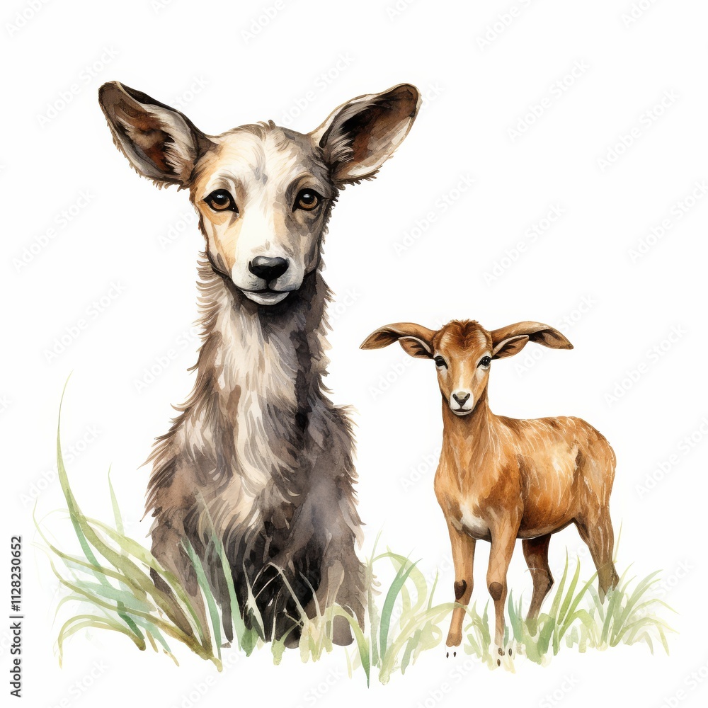 Two adorable young goats standing in grass, one with a light coat and the other with a warm brown hue, showcasing their playful nature. Two adorable young goats standing in grass, one with a light coat and the other with a warm brown hue, showcasing their playful nature.