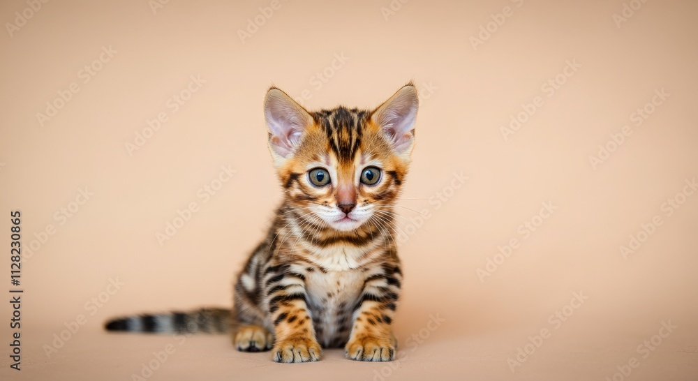 Fototapeta premium Adorable bengal kitten with striking patterns on neutral background