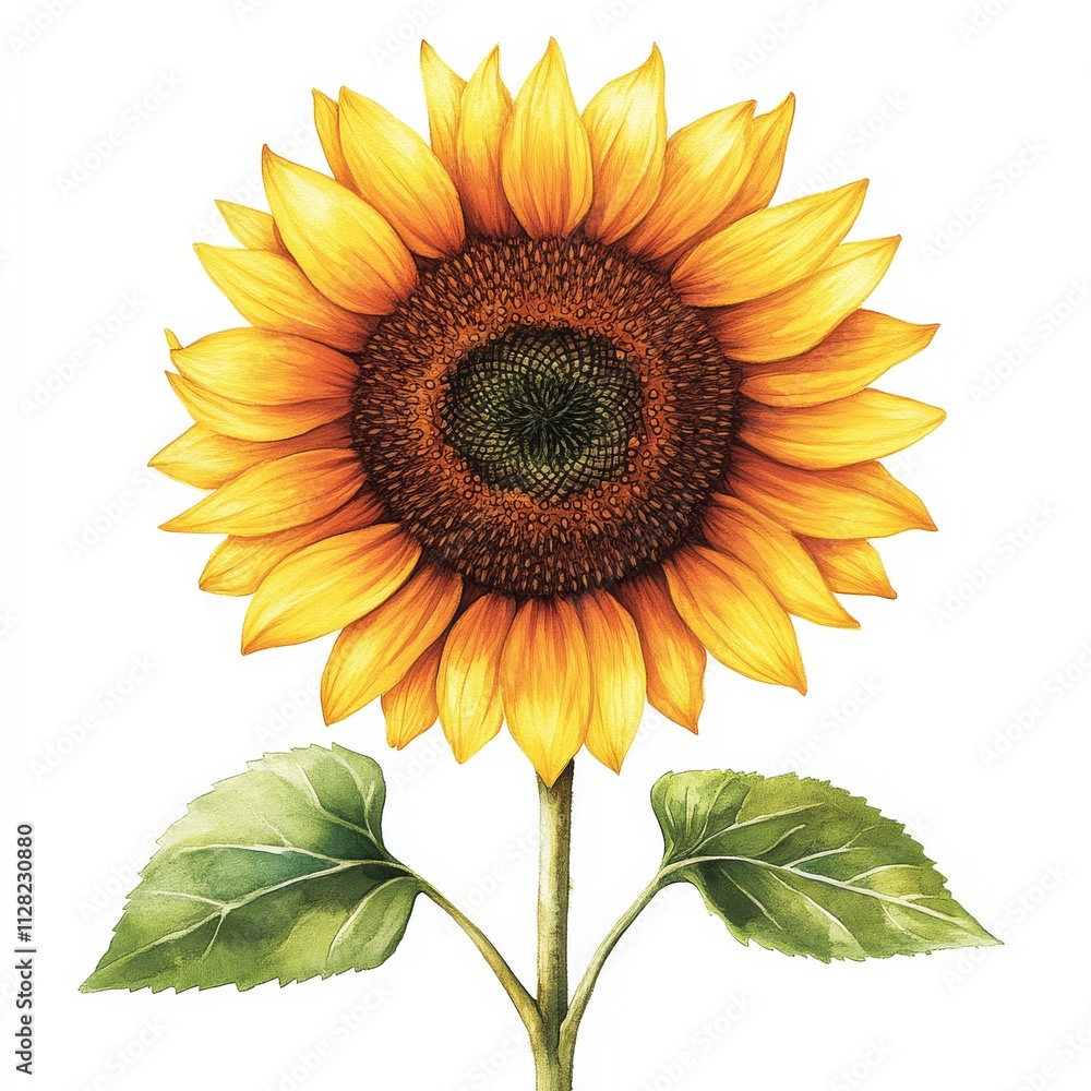 A vibrant sunflower with bright yellow petals and a brown center, surrounded by green leaves, symbolizing warmth and positivity. A vibrant sunflower with bright yellow petals and a brown center, surrounded by green leaves, symbolizing warmth and positivity.
