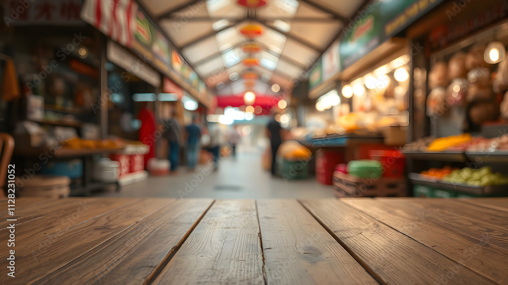 An empty wooden table at the bottom, blurred open-air food market with bright stalls in the background, vivid colors, 8K realism An empty wooden table at the bottom, blurred open-air food market with bright stalls in the background, vivid colors, 8K realism