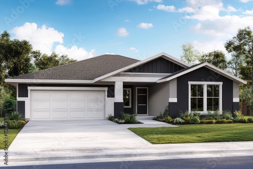 Front of a modern house with white concrete garage door, greenery, and dark accents.