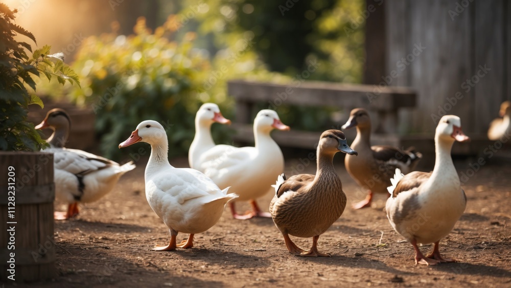 Ducks walking together in a serene garden during sunset Ducks walking together in a serene garden during sunset