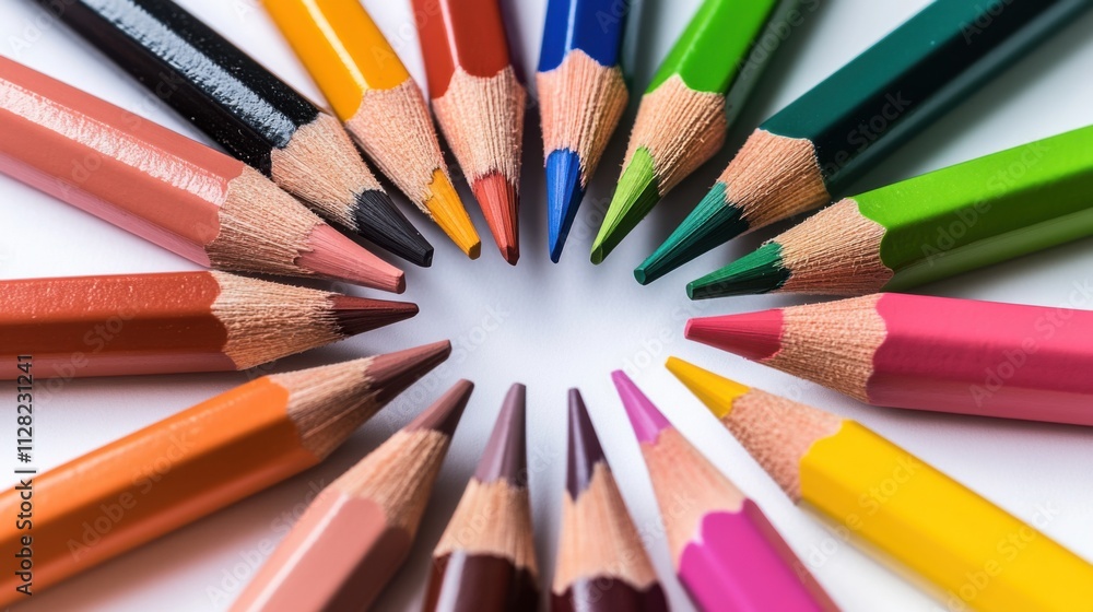 A set of different colored pencils arranged in a circle, symbolizing creativity and diversity of thought, minimalistic style A set of different colored pencils arranged in a circle, symbolizing creativity and diversity of thought, minimalistic style
