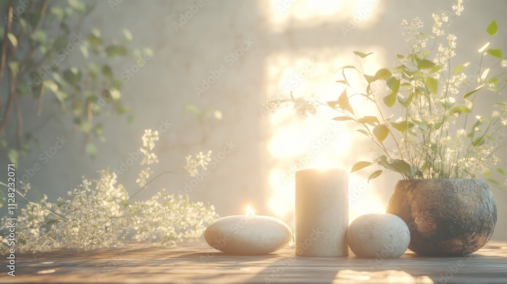 Serene Still Life With Candles Stones And Flowers Serene Still Life With Candles Stones And Flowers