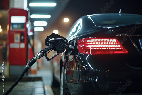  black car is being filled with gas at a gas station. The gas station is brightly lit, creating a warm and inviting atmosphere. The car is parked next to a pump, and the driver is filling up the tank