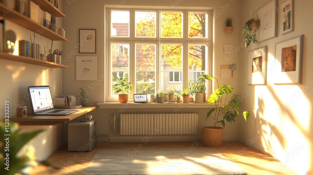 Fototapeta premium A cozy workspace with plants and natural light, ideal for productivity and relaxation.