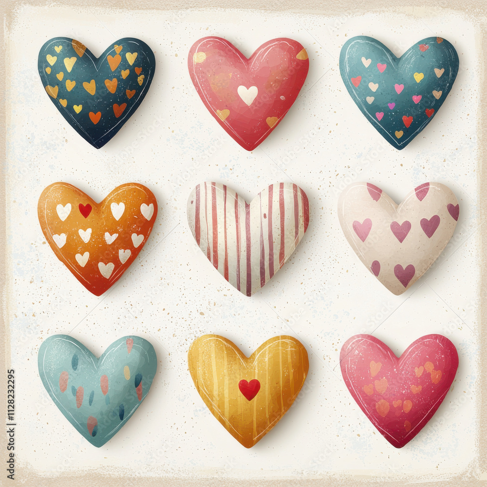 Colorful heart shaped stickers with vibrant textures and patterns Colorful heart shaped stickers with vibrant textures and patterns