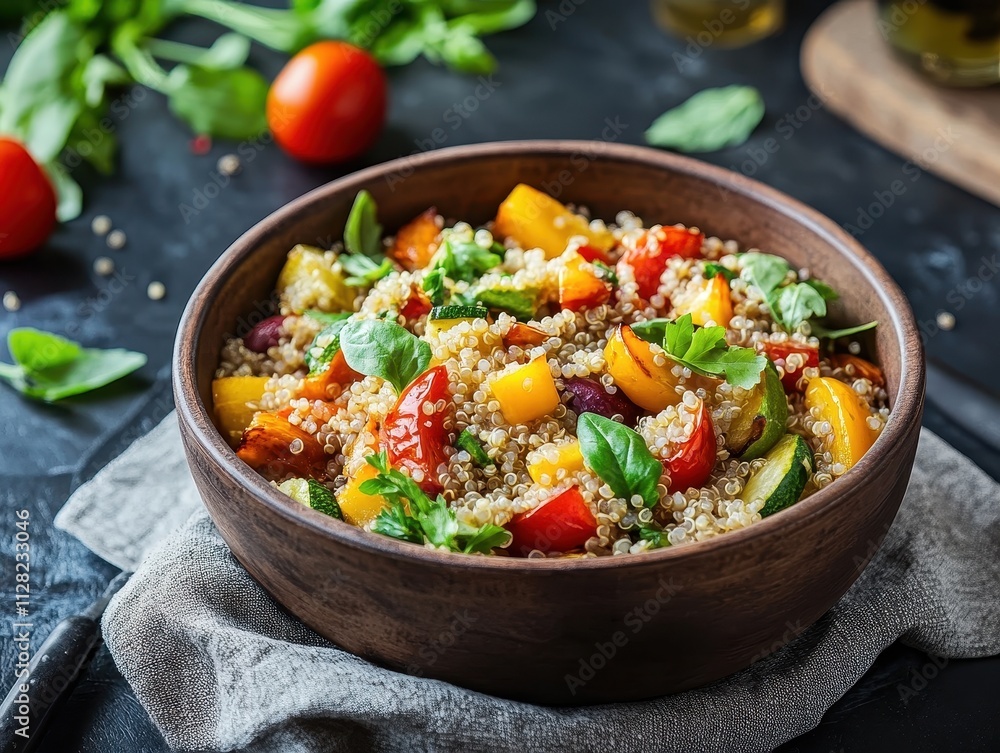 A colorful quinoa salad with fresh vegetables in a wooden bowl. A colorful quinoa salad with fresh vegetables in a wooden bowl.