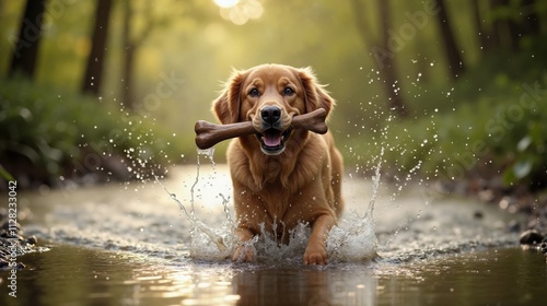 Playful golden retriever splashing in stream with toy, joy of dogs photo